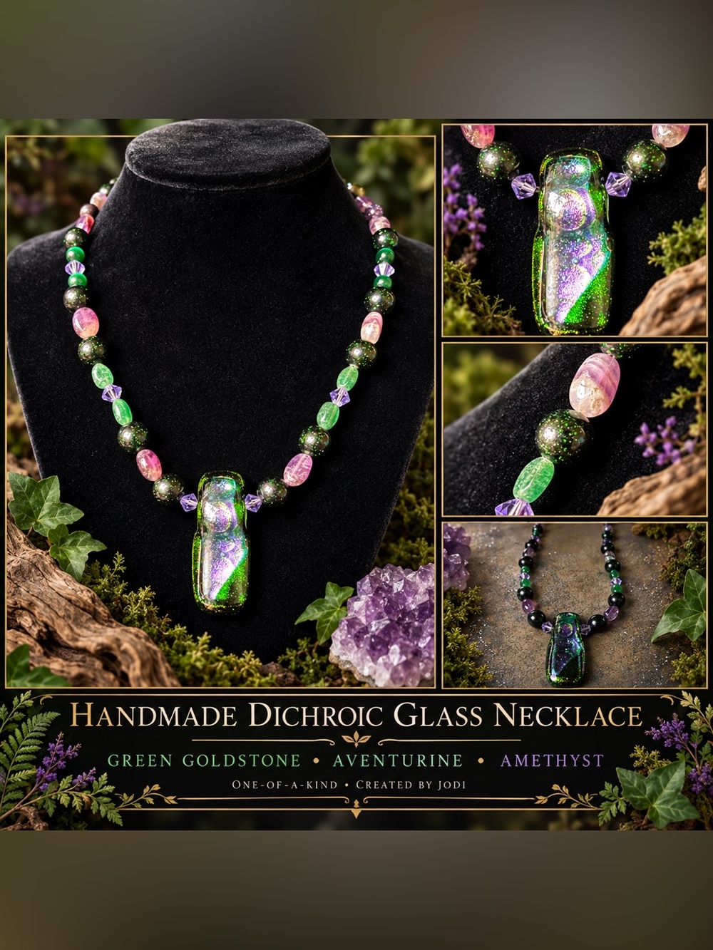 GREEN GOLDSTONE, AMETHYST & DICHROIC GLASS NECKLACE